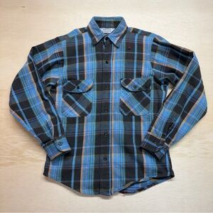 VTG 80s Five Brother Plaid Flannel Shirt USA Made Size Small Workwear Blue